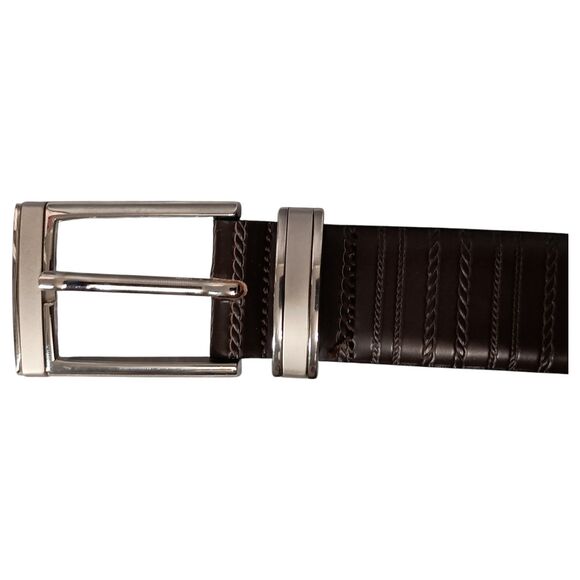Mezlan Belt Mens 34 Brown Leather Buckle Made in Spain Textured Dress Casual - Picture 3 of 7